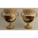 A pair of Royal Worcester pedestal vases, the fronts decorated with panels of figures in landscape