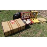 Two vintage picnic sets, together with a brief case, a suitcase bearing 'Cunard State Room label,