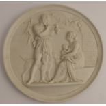 A Bing and Grondahl parian circular plaque, decorated with Classical figures, marked Eneret B&G,