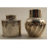 Two hallmarked silver tea caddies, one of oval form with engraved decoration, the other bulbous with