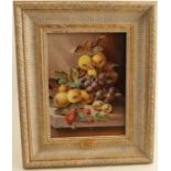 Oliver Clare, oil on board, still life of fruit on a ledge, 10.5ins x 7.5ins