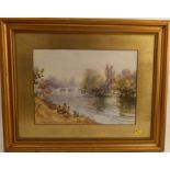 Charles MacIver Grierson, watercolour, view from the river with children fishing, bridge and