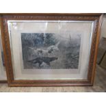 A large 19th century print of hunting dogs, oak framed, 24ins x 32ins