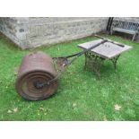 A garden roller, width 24ins, together with a garden table, 39ins x 28ins