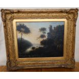 An Antique oil on canvas, Continental landscape with ruins, trees and water, 14ins x 17ins
