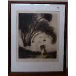 Louis Icart, etching, three woman under a tree with stream, 23ins x 19ins