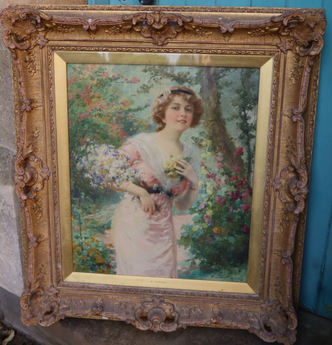 E Vernon, oil on canvas, woman holding flowers with trees and flowers behind, Paris 1919, 25ins x - Image 6 of 7