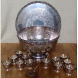 A Barker Ellis silver plated punch bowl and circular tray, the embossed edge decorated with