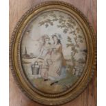 A 19th century oval embroidery picture on silk, of two woman in landscape with tree, river, church
