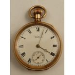 A Waltham gold plated open face pocket watch, with subsidiary dial, the cased engraved with initials
