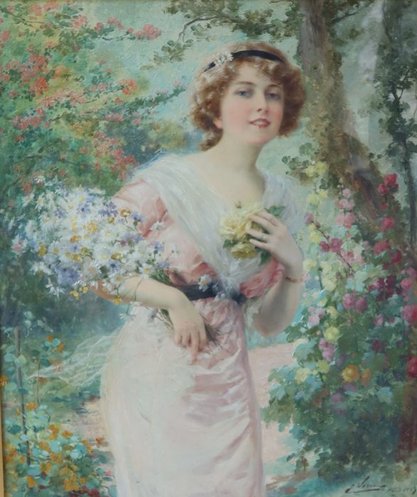 E Vernon, oil on canvas, woman holding flowers with trees and flowers behind, Paris 1919, 25ins x - Image 2 of 7