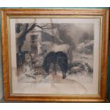 Two Antique black and white prints, The Straw Yard after Herring and The Horse Fair in Paris, both