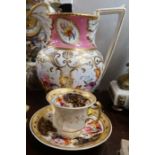 A 19th century English porcelain jug, together with a cup and saucer, all decorated with flowers