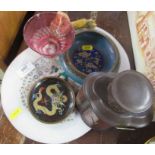 An Oriental pottery tea caddy, together with two cloisonne dishes, hardstone seal and hardstone