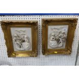 Two framed bisque porcelain plaques, relief moulded with figures