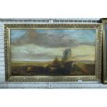 H Bright attributed, oil on panel, landscape with windmill and cattle, 19ins x 35ins