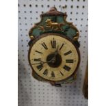 A drop dial clock, with painted dial, having a brass alarm dial to the center, and shaped frame,