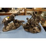 Two bronzed resin models, Elephants and George and the Dragon