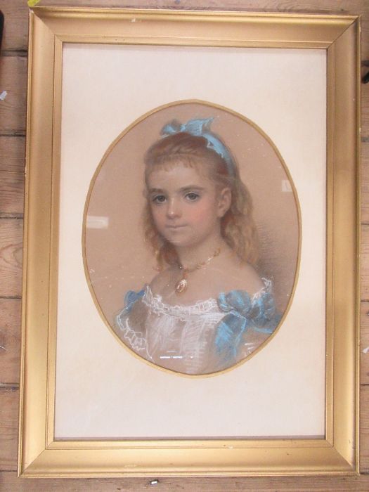 Four 19th century portraits, to include an oval pastel of young child wearing a white shirt with - Image 2 of 3