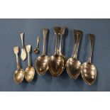 Three pairs of hallmarked silver serving spoons, one fiddle pattern, all engraved with initials,