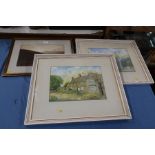 J W Hensen, two watercolours, views of buildings, together with another landscape