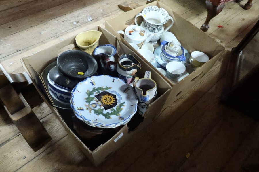 Two boxes of china, toby jugs, etc