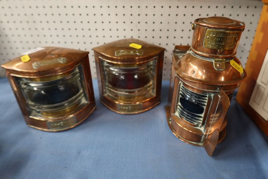 Two copper ships lamps Port and Starboard, together with a Combination copper lamp
