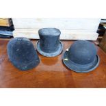A Henry Heath black top hat, together with a Woodrow London black bowler hat and a riding hat