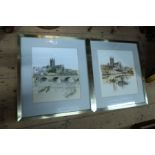 Two ink and watercolour views of Worcester Cathedral, 15ins x 13ins and a print after David Roberts