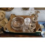 Two glass decanters, a glass bowl and a candelabrum