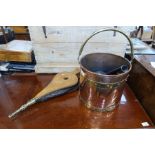 A copper and brass bound coal bucket, together with oak bellows