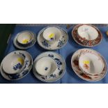 Three First Period Worcester tea bowls and saucers, decorated in blue and white, together with a