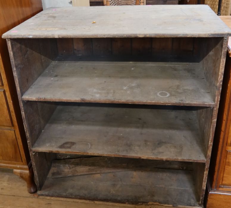 A pine set of shelves, 34ins x 21ins, height 34.5ins, together with a shelf from a shop display