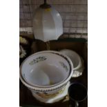 A box of porcelain to include Port Meirion bowl , continental china, lamp etc