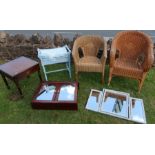 A pair of wicker conservatory chairs, together with a folding dressing table mirror, a bathroom