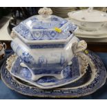 A 19th century Carey's blue and white octagonal covered tureen and stand, decorated with English
