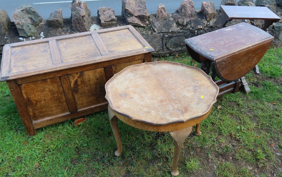 A small oak coffer, together with three tables