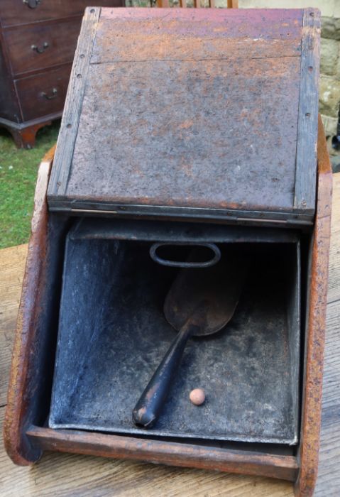 An Edwardian mahogany and satinwood inlaid coal box, with sloping fall flap, together with an oak - Image 2 of 4