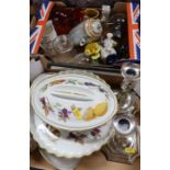 Two boxes of porcelain and sundries to include Silver plated candlesticks, Royal Worcester etc