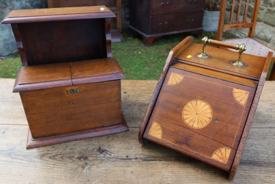 An Edwardian mahogany and satinwood inlaid coal box, with sloping fall flap, together with an oak