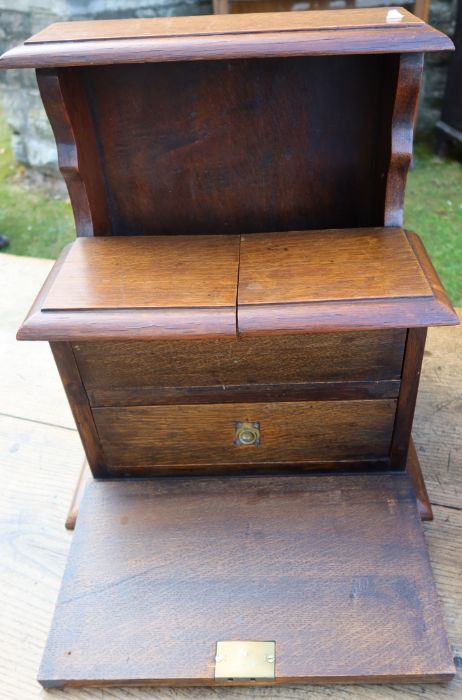 An Edwardian mahogany and satinwood inlaid coal box, with sloping fall flap, together with an oak - Image 4 of 4