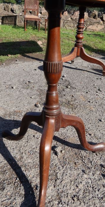 A 19th century mahogany square tilt top table, raised on a turned column and three outswept - Image 2 of 3