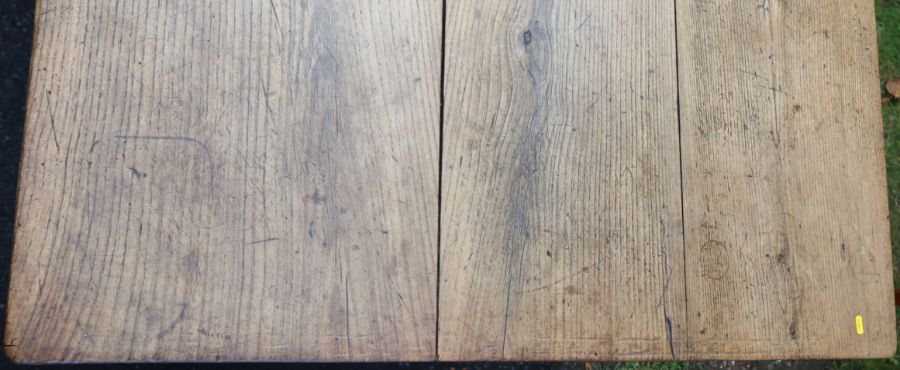 An antique oak farmhouse kitchen table, the three plank top raised on square legs, 85ins x 44ins, - Image 2 of 2