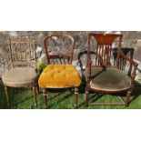 An oak open arm chair, together with a Victorian balloon back chair with button seat and a gilt