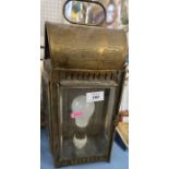 A brass and glass lantern, of rectangular form, converted to electricity, height 16ins