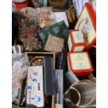 A box of sundries to include pens, boxed royal doulton figures, toys, silver plate etc