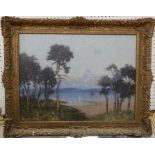 Tom Robertson, oil on canvas, view through trees to beach and sea with boat, 18ins x 23.5ins