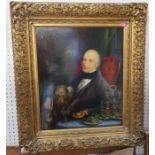 Samuel Eglington, oil on mahogany panel, portrait of a man seated at a table with pipe and dog,