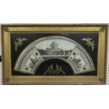 A 19th century Grand Tour fan watercolour, decorated with buildings and a harbour, 12ins x 21ins