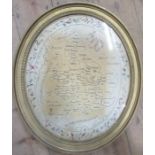 A 19th century oval needlework picture, English and Welsh Counties, maximum diameter 20ins
